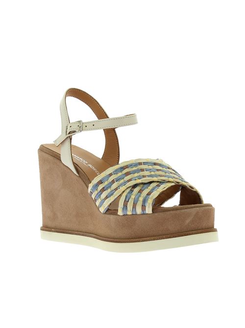 sandalo con zeppa da donna in raffia intrecciata beige e azzurra GIANMARCO SORELLI | 2150Y